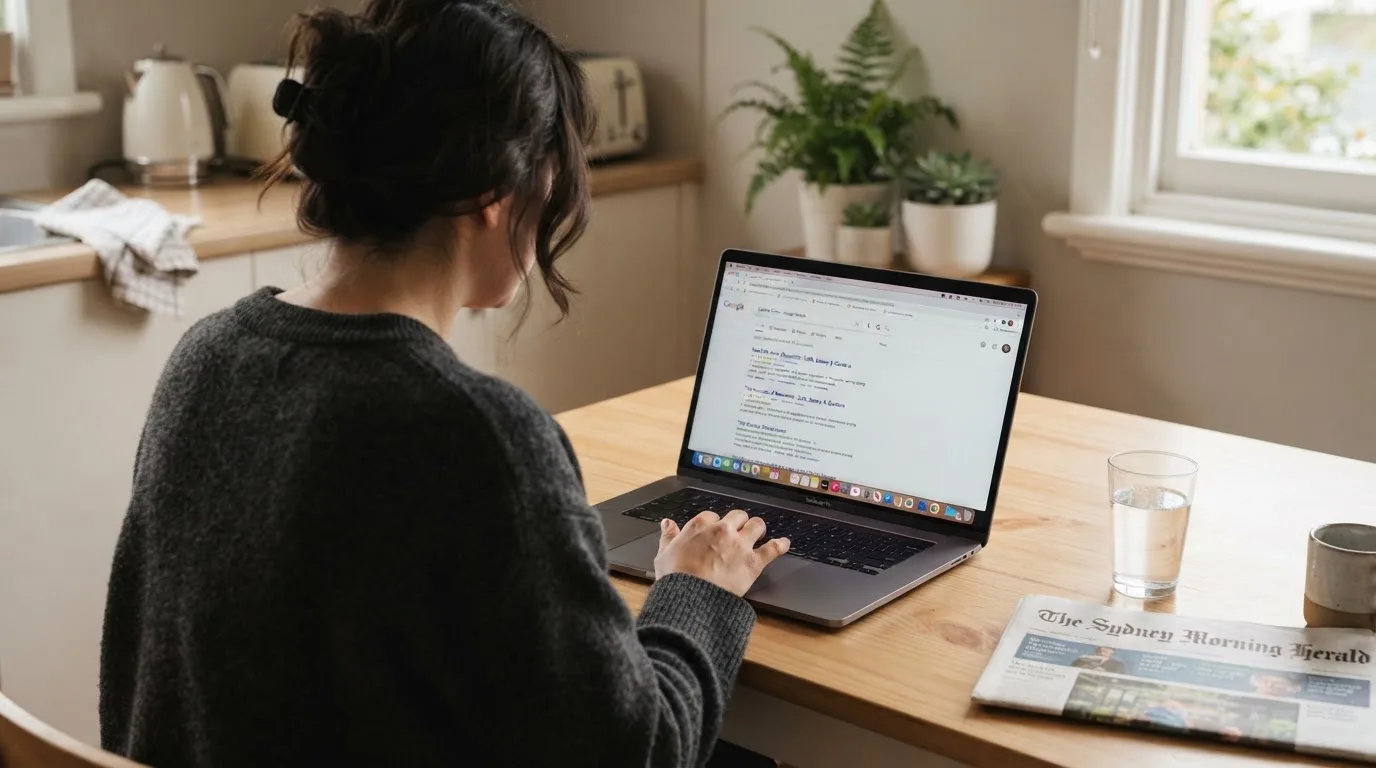 A person sits at a kitchen table, scrolling a laptop showing a general search results page about VPN access claims.