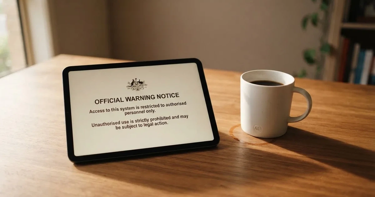 A tablet on a desk displays a plain government-style warning notice page, with a coffee cup beside it.