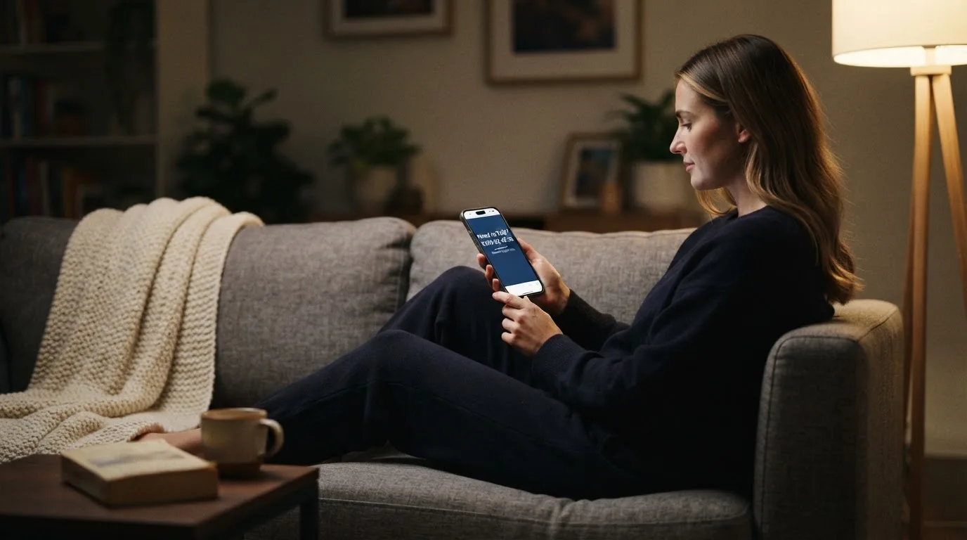A person looks at a support-helpline page on a phone while sitting alone on a sofa.